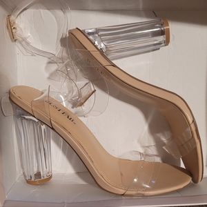 JUSTFAB clear strappy block heels size 8